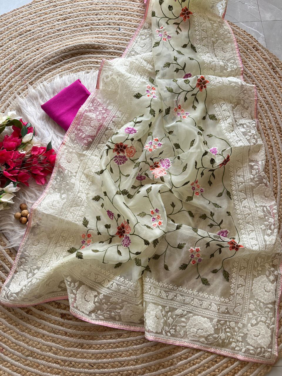 Chikankari Worked Organza Silk Saree