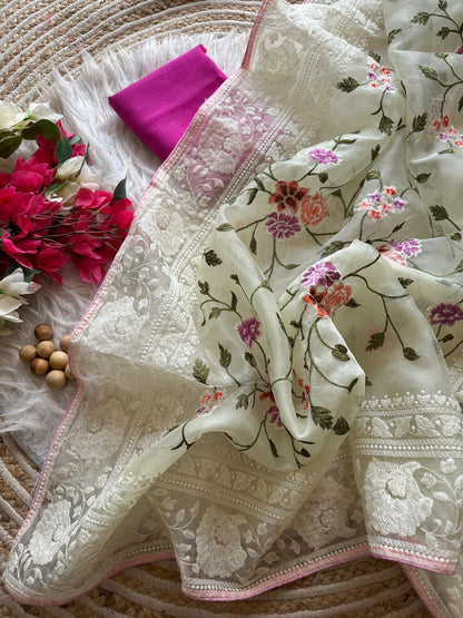 Chikankari Worked Organza Silk Saree