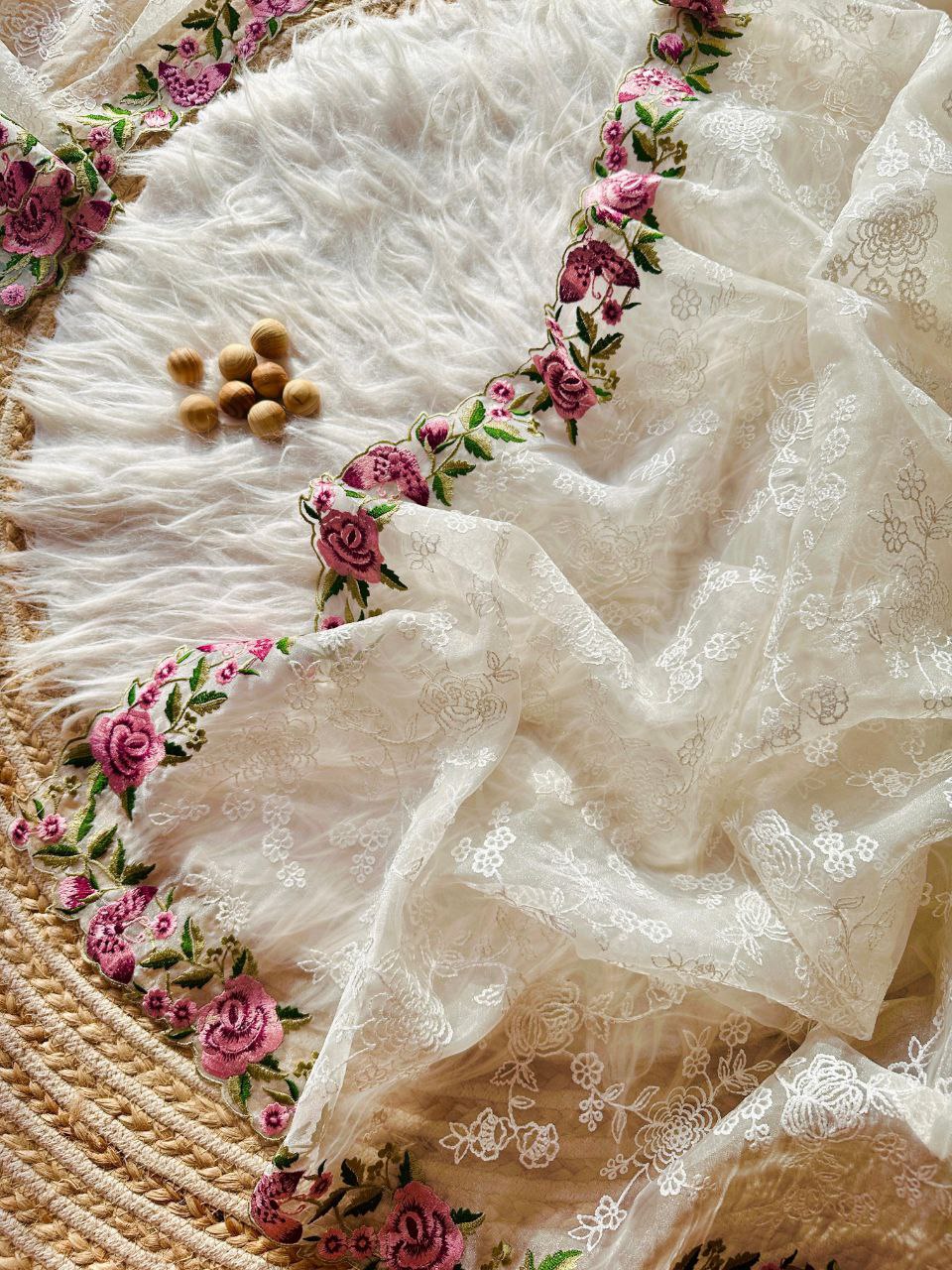 Chikankari Worked Organza Silk Saree