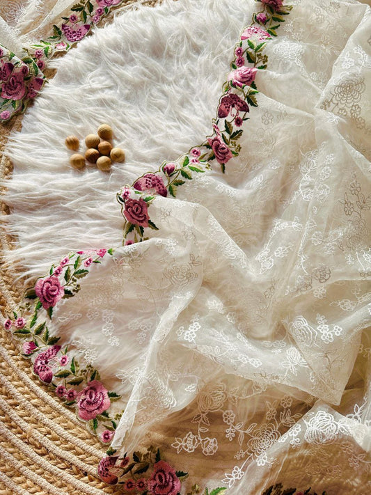 Chikankari Worked Organza Silk Saree