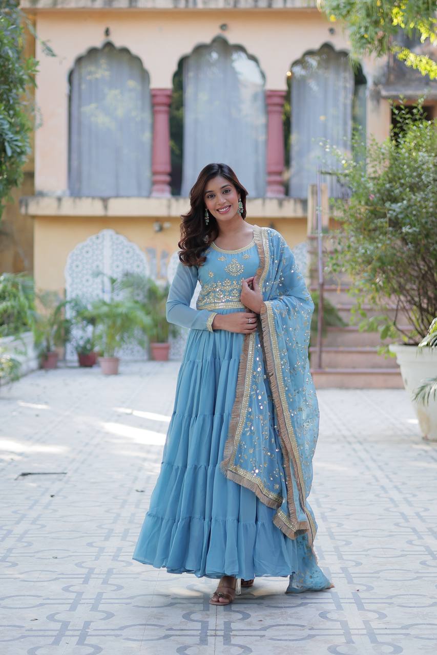 Cool Blue Designer Georgette Gown With Dupatta