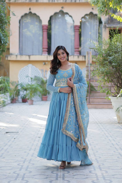 Cool Blue Designer Georgette Gown With Dupatta