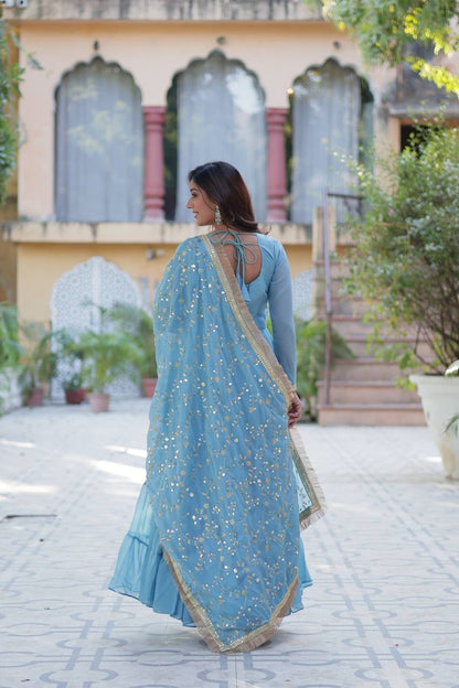 Cool Blue Designer Georgette Gown With Dupatta
