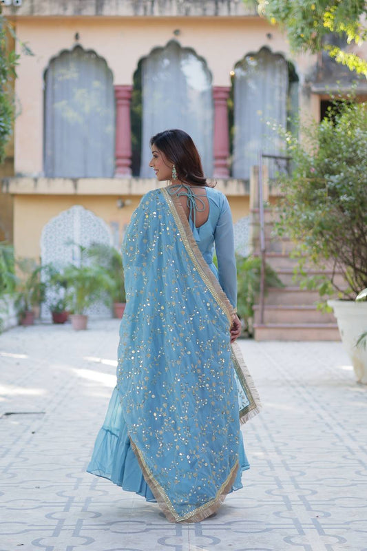 Cool Blue Designer Georgette Gown With Dupatta