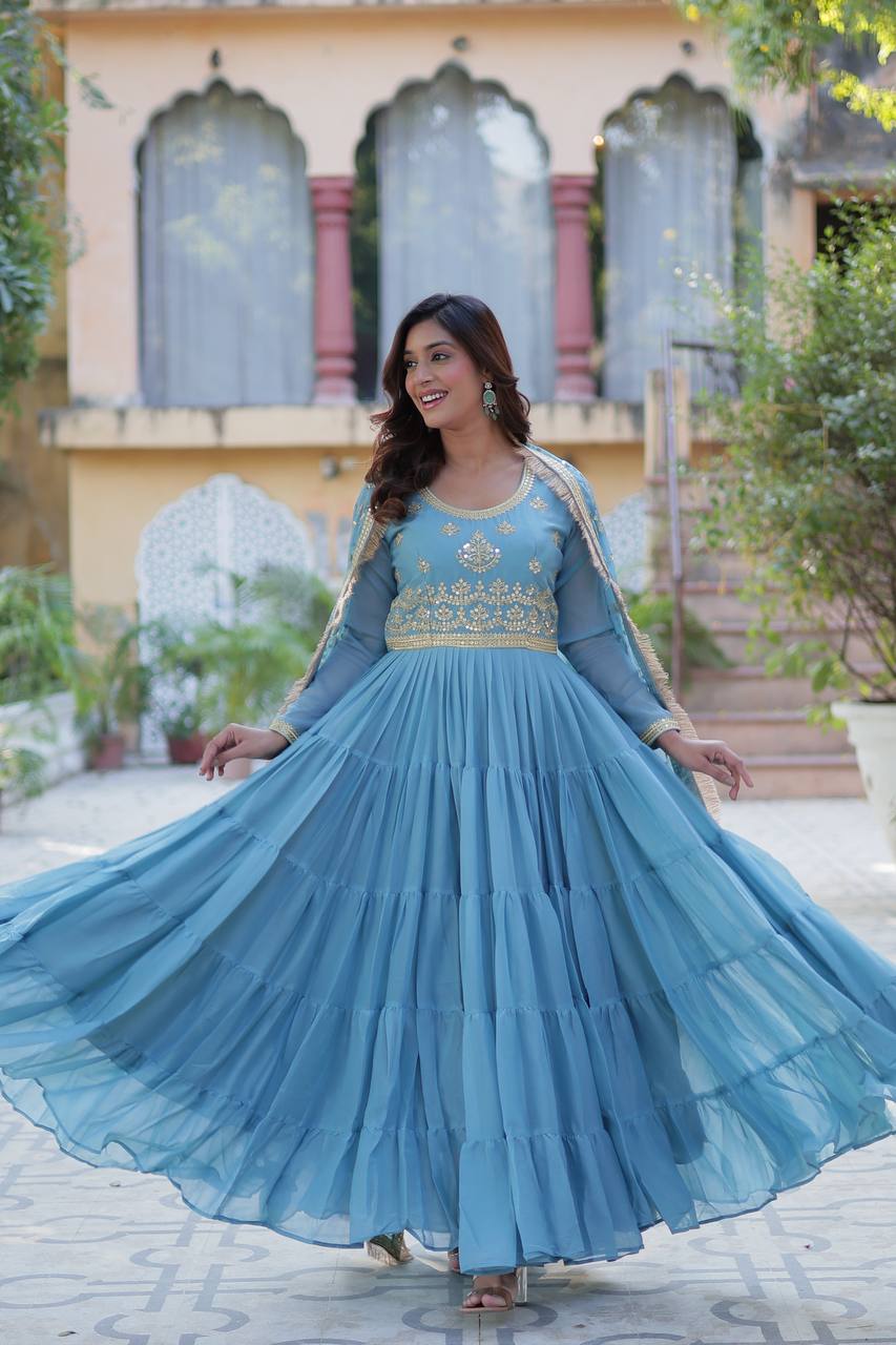 Cool Blue Designer Georgette Gown With Dupatta