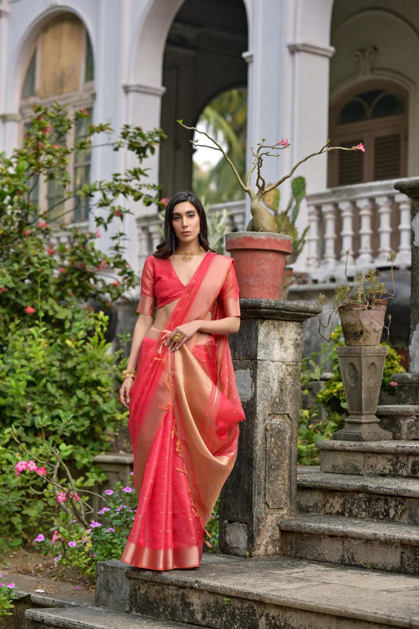 Coral Red Traditional Kalyani Silk Saree