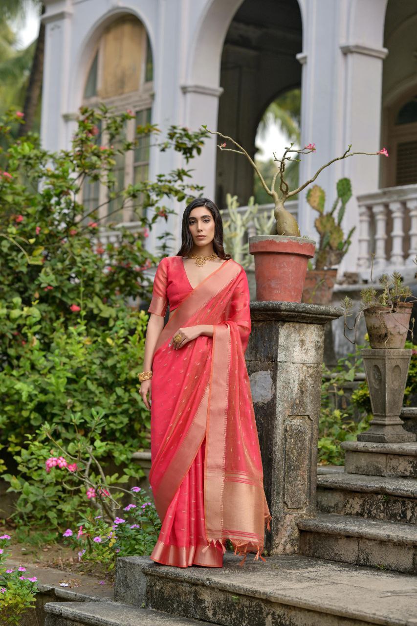 Coral Red Traditional Kalyani Silk Saree