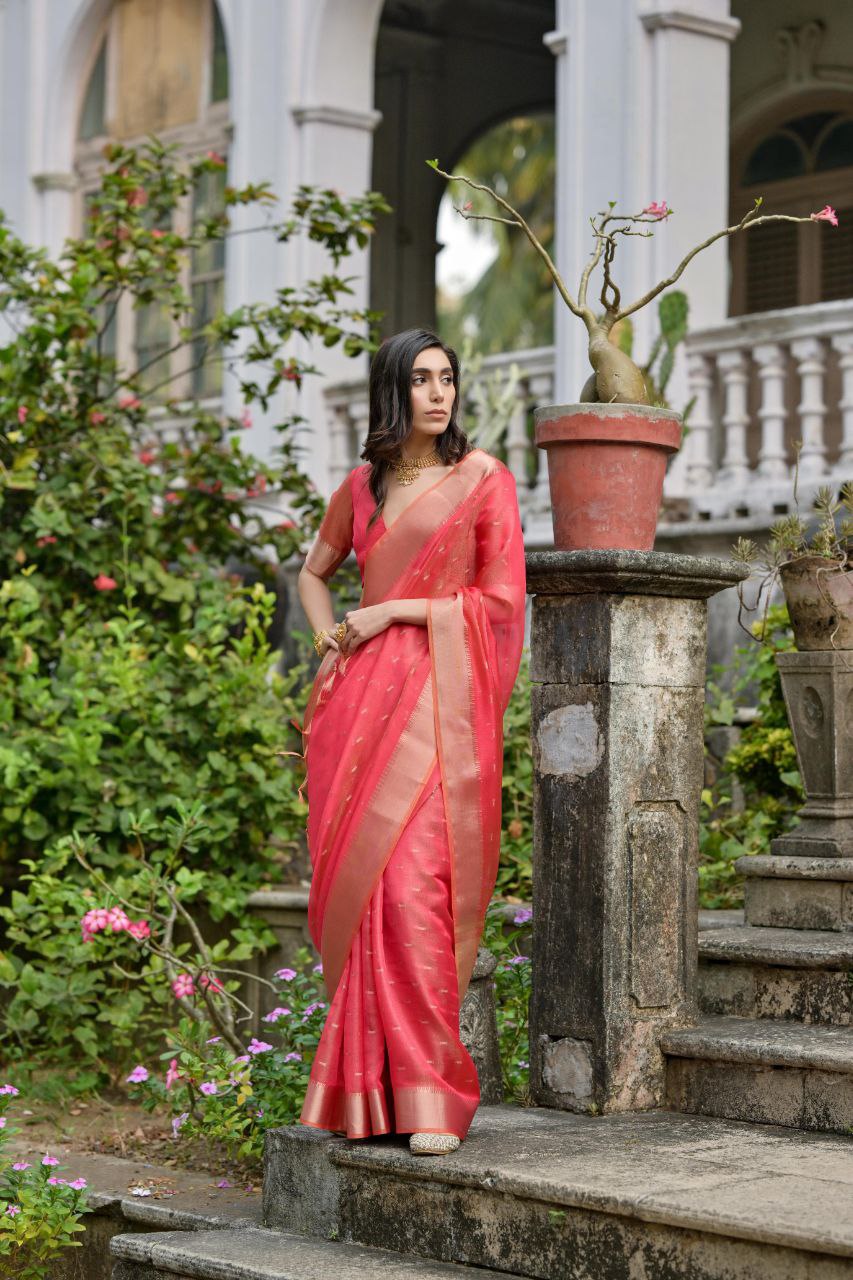 Coral Red Traditional Kalyani Silk Saree