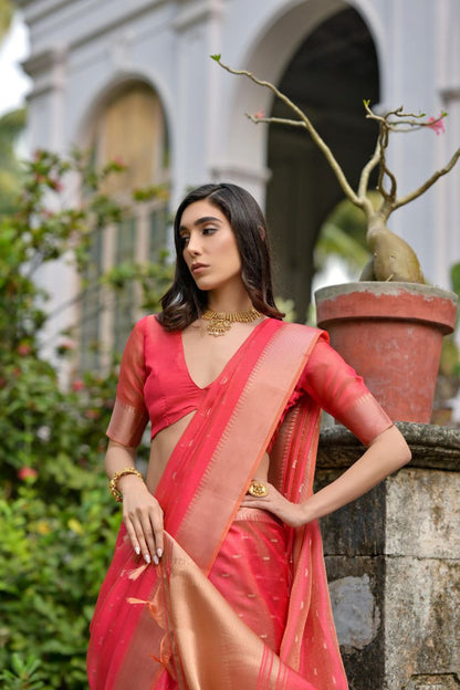 Coral Red Traditional Kalyani Silk Saree