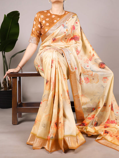 Cream Floral Printed Tussar Silk Saree