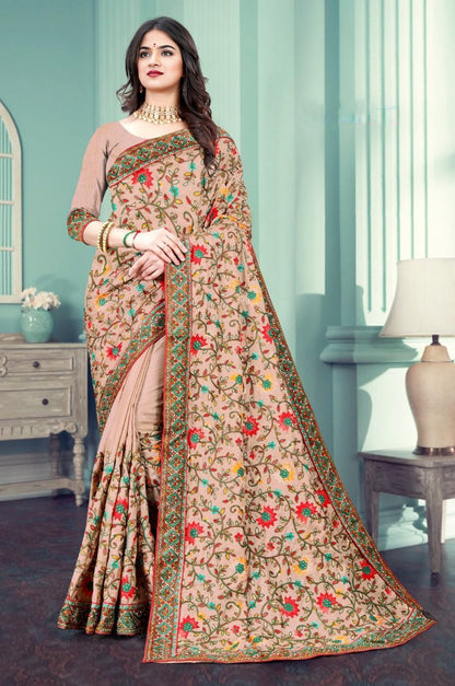 Cream Kashmiri Work Chinon Silk Saree