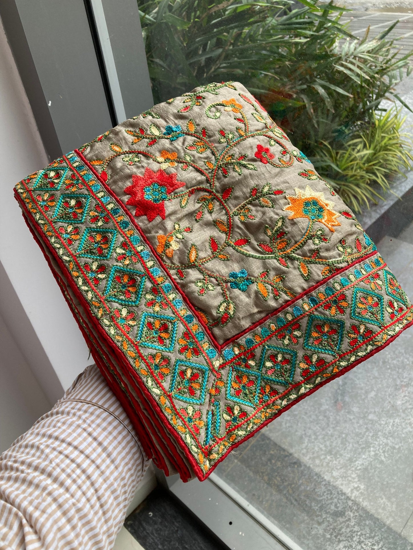 Cream Kashmiri Work Chinon Silk Saree