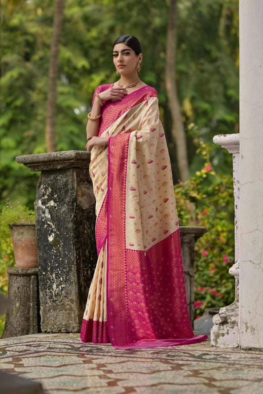 Cream Pure Banarasi Silk Saree For Wedding