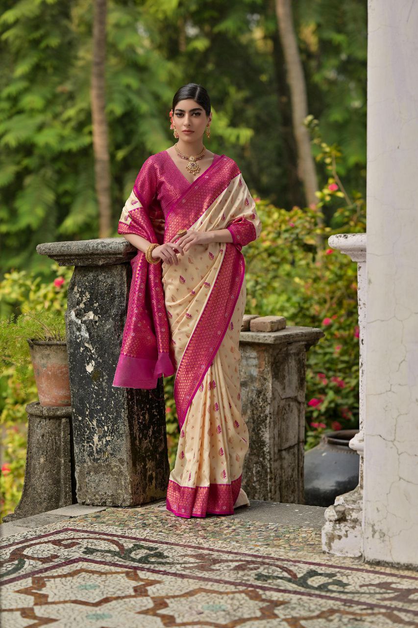 Cream Pure Banarasi Silk Saree For Wedding