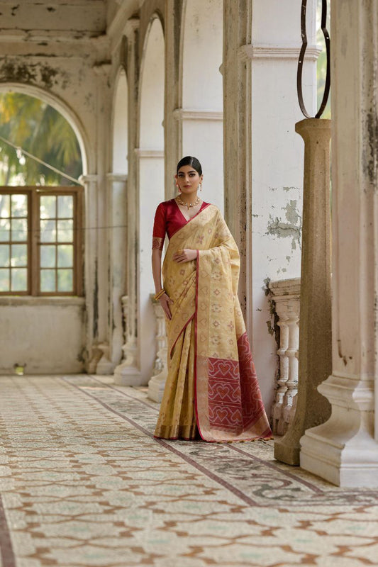 Cream Resham Weaving Raw Silk Saree