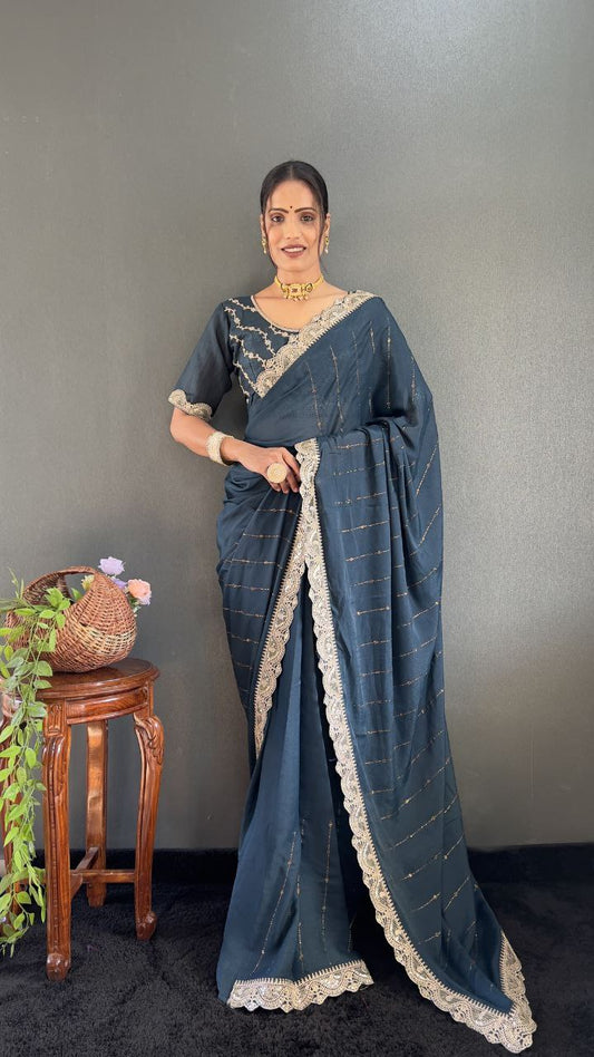 Dark Grey Blue Ready to Wear Star Georgette Silk Saree