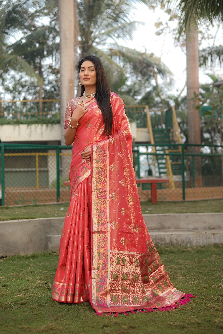 Dark Peach Traditional Organza Silk Saree