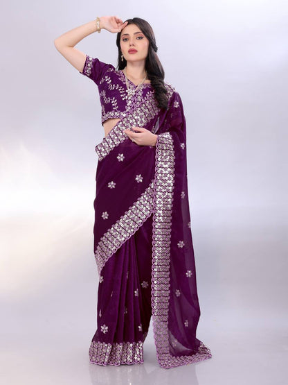 Dark Purple Modern Gold Tussar Silk Saree