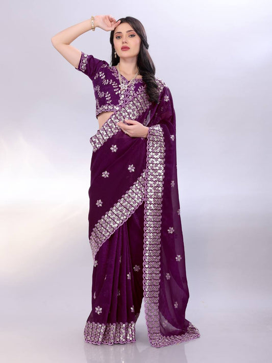 Dark Purple Modern Gold Tussar Silk Saree