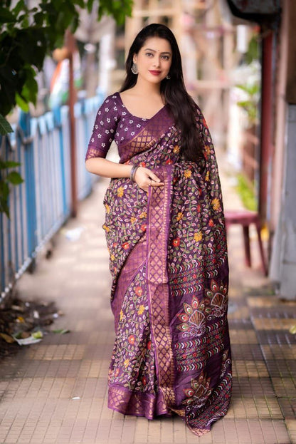 Dark Purple  Slub Silk Kalamkari Printed Saree