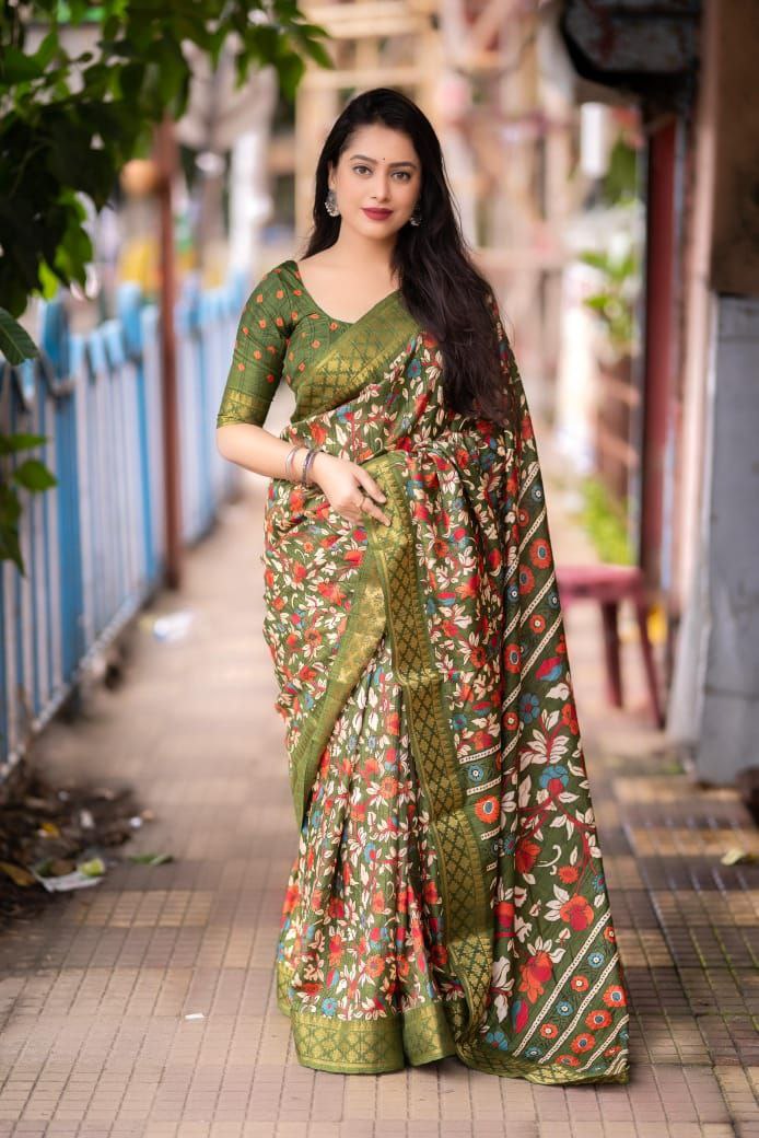 Mehenadi  Slub Silk Kalamkari Printed Saree