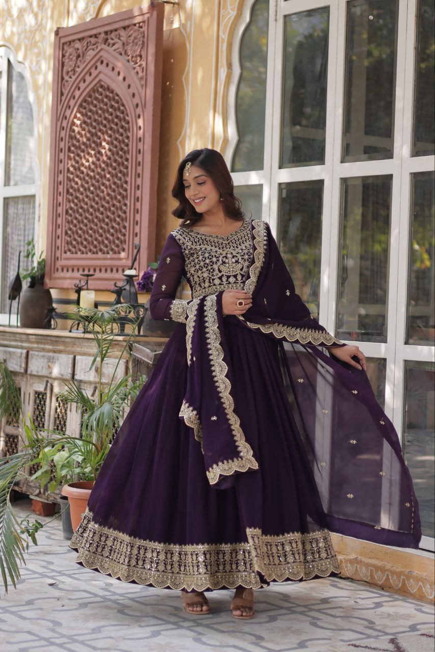 Dark Purple Traditional Indian Gown Dress With Dupatta