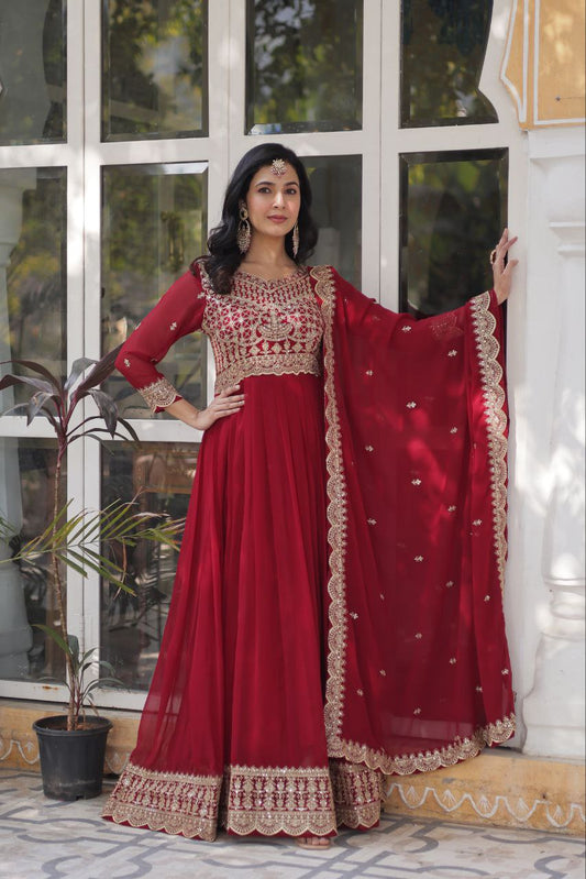 Red Traditional Indian Gown Dress With Dupatta