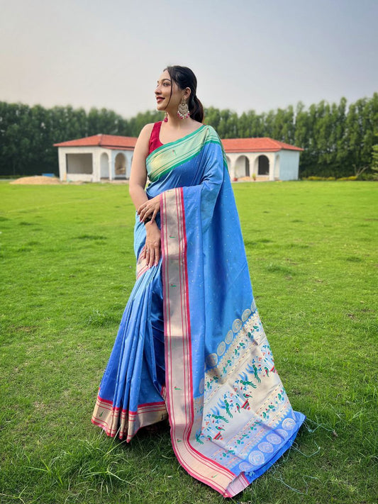 Dark Sky Blue Traditional Paithani Weaving Saree