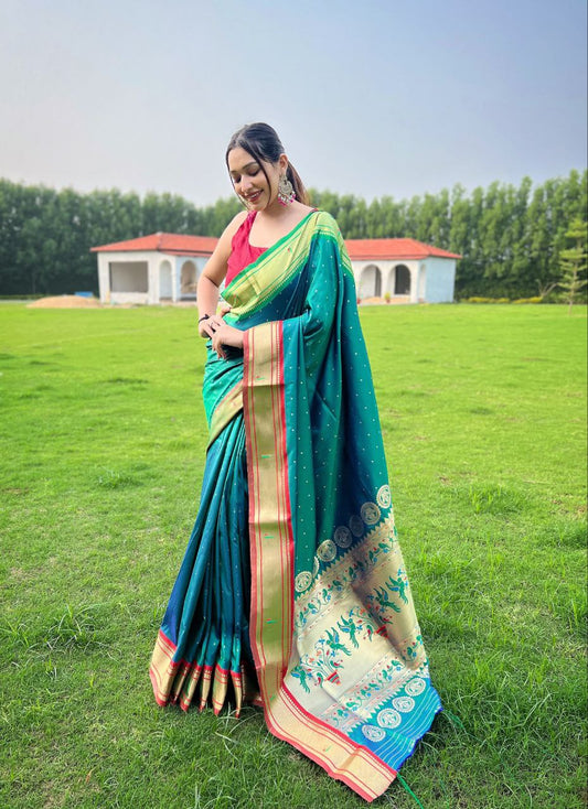 Dark Teal Green Traditional Paithani Weaving Saree