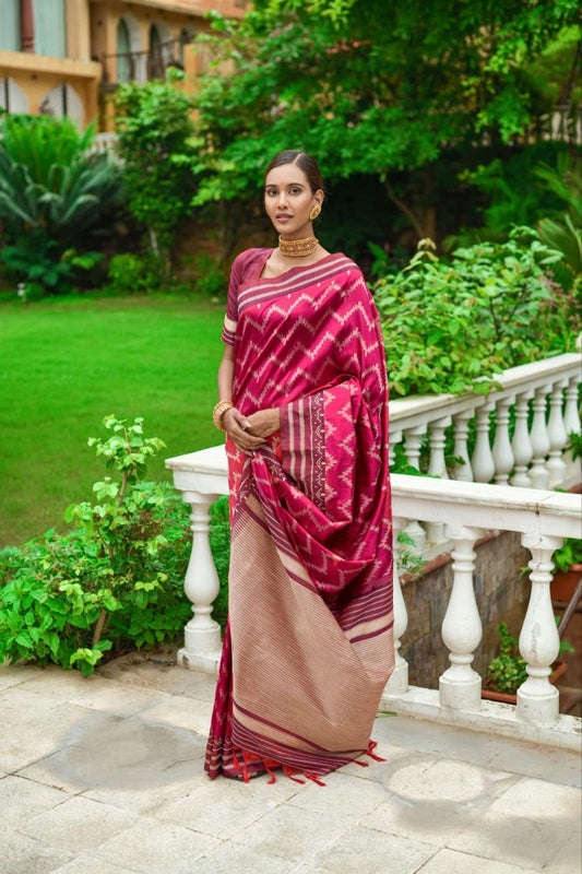 Deep Pink Raw Silk Two Tone Weaving Saree
