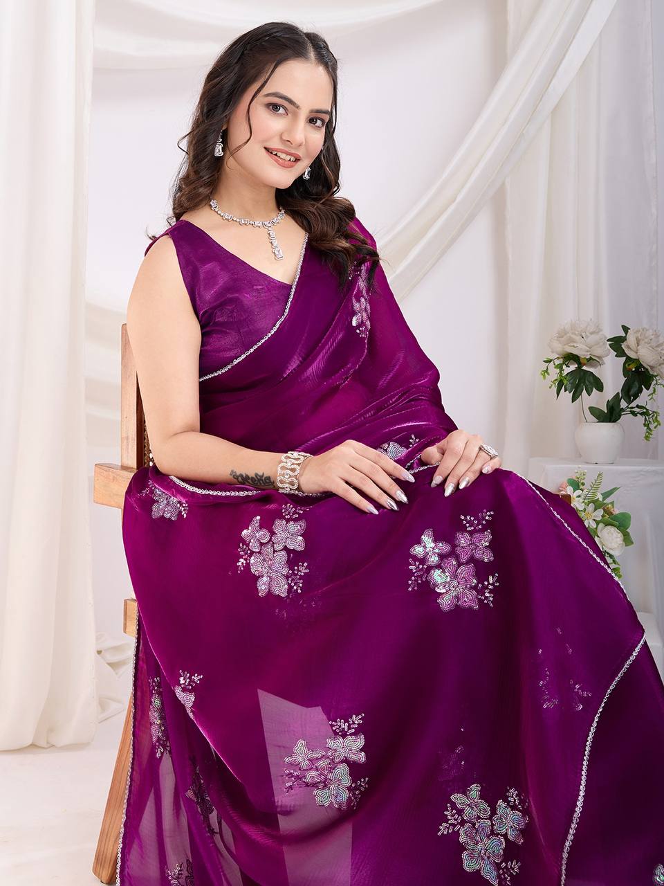 Deep Plum Party Wear Zimmy Choo Silk Saree