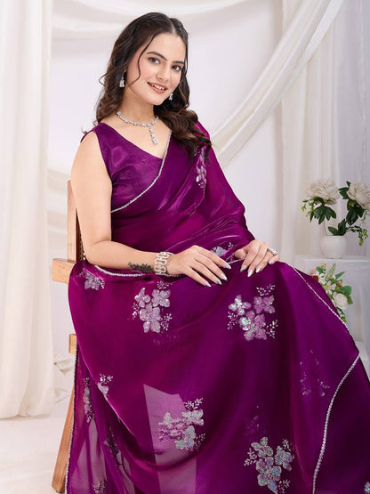 Deep Plum Party Wear Zimmy Choo Silk Saree