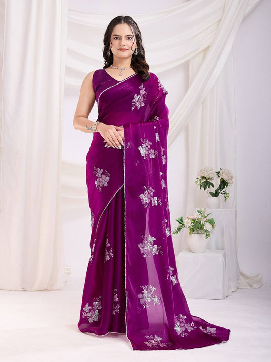 Deep Plum Party Wear Zimmy Choo Silk Saree