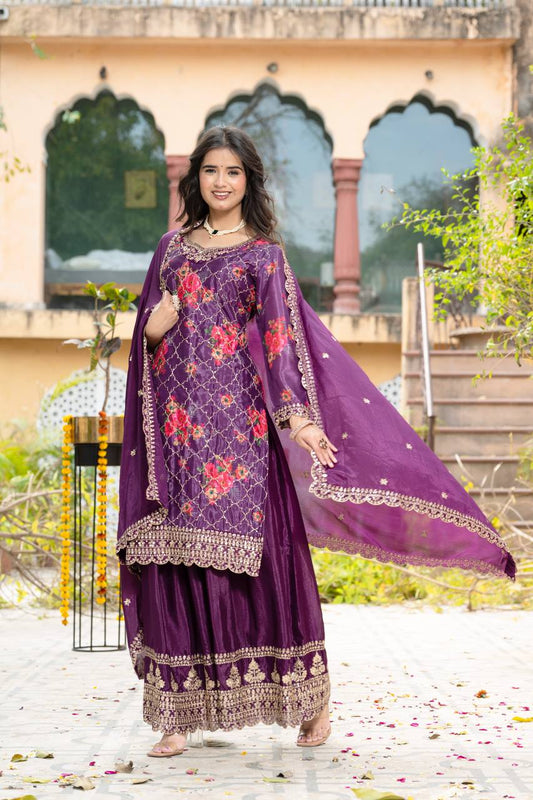 Deep Purple Chinon Silk Designer Kurta Set