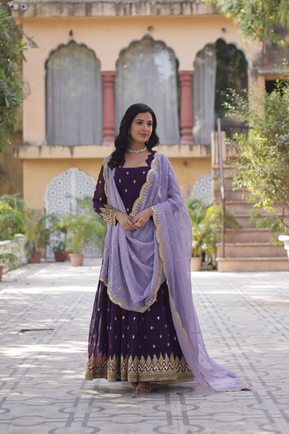 Deep Purple Designer Georgette Gown With Dupatta