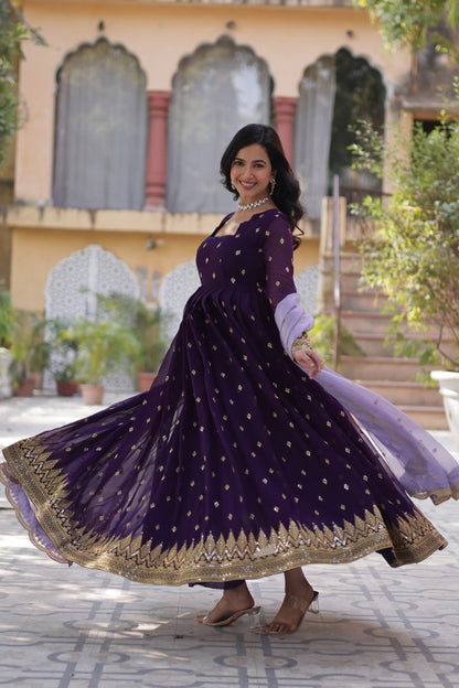 Deep Purple Designer Georgette Gown With Dupatta