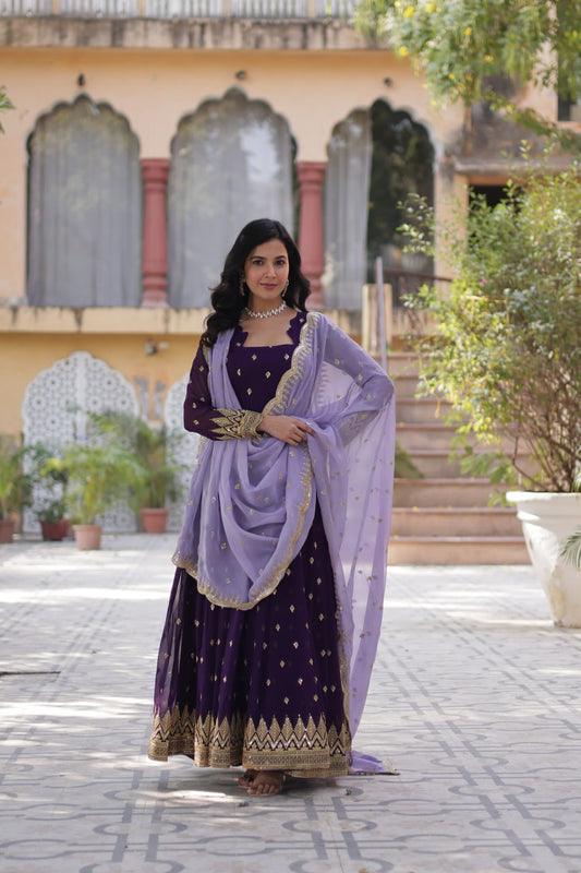 Deep Purple Designer Georgette Gown With Dupatta