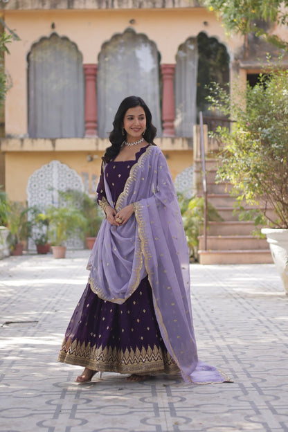 Deep Purple Designer Georgette Gown With Dupatta