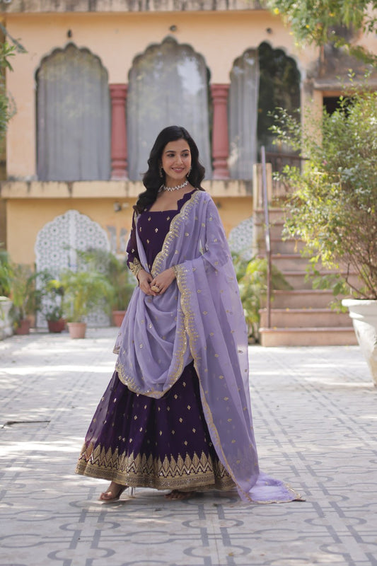 Deep Purple Designer Georgette Gown With Dupatta