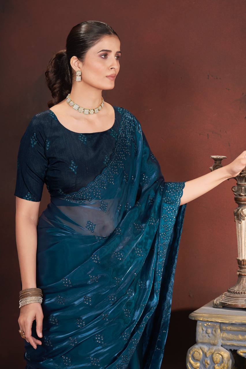 Deep Sea Party Wear Zimmy Choo Silk Saree