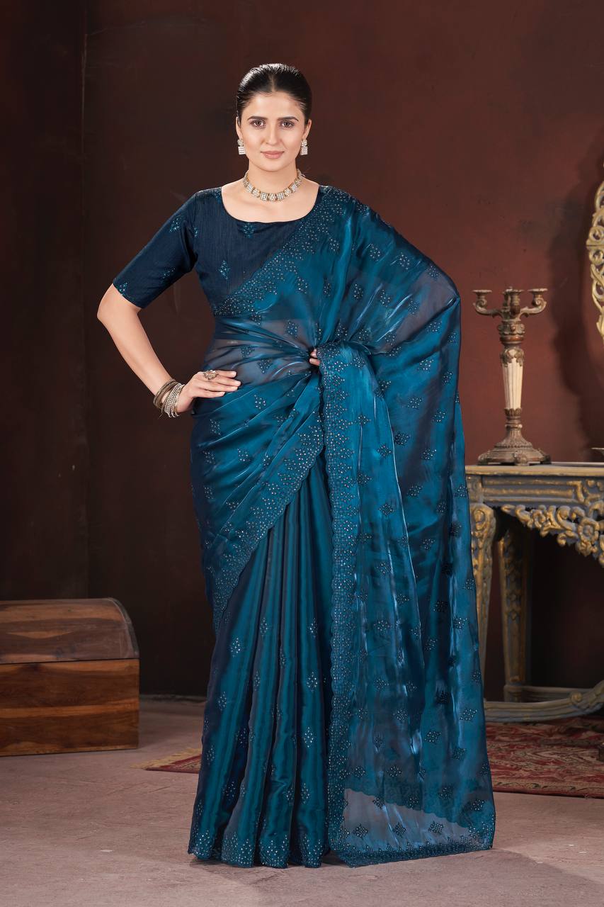 Deep Sea Party Wear Zimmy Choo Silk Saree