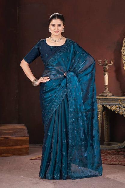 Deep Sea Party Wear Zimmy Choo Silk Saree