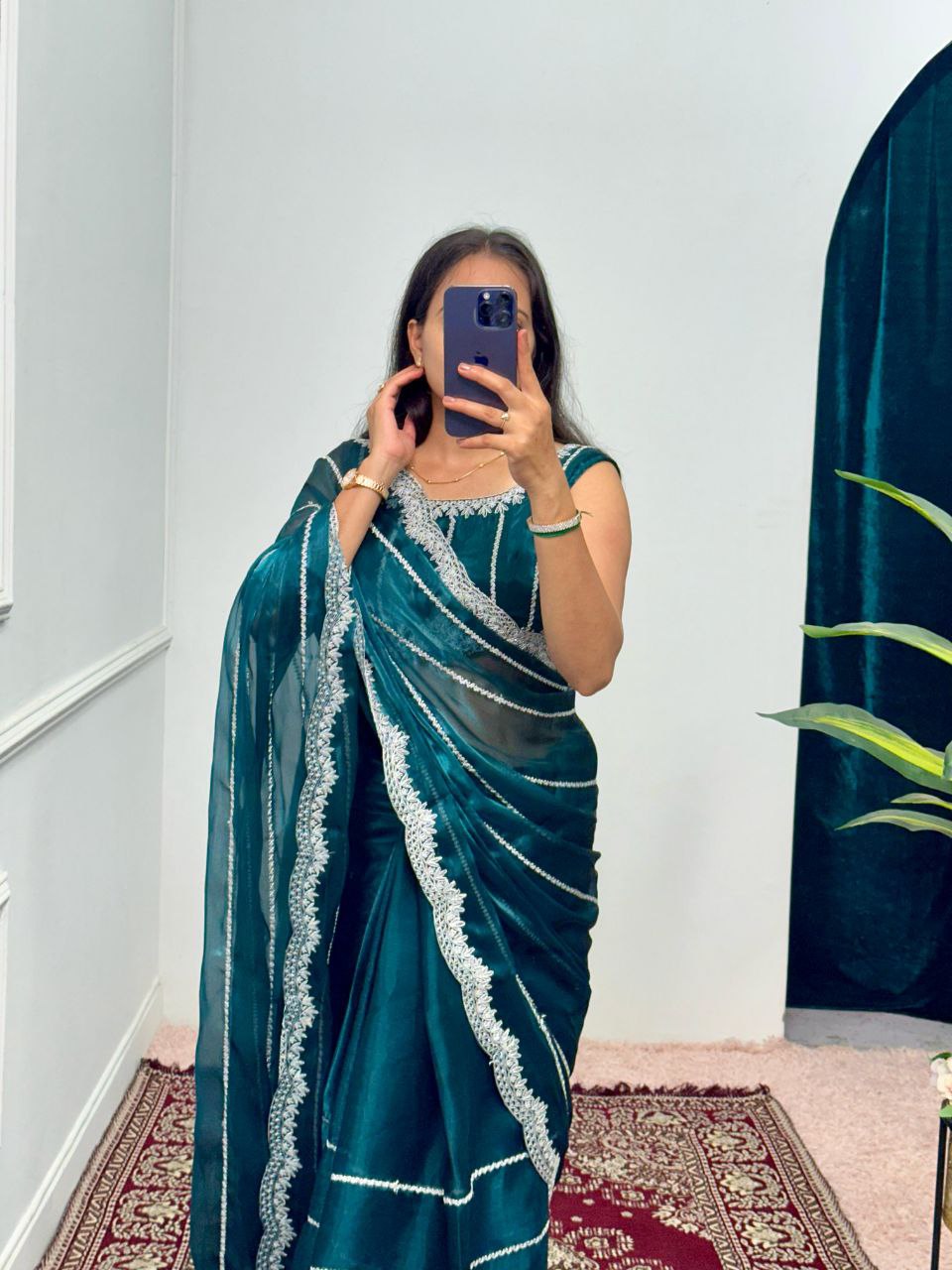 Deep Teal Designer Burberry Silk Saree