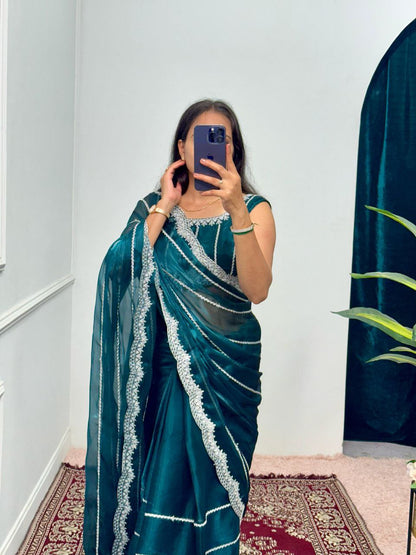 Deep Teal Designer Burberry Silk Saree
