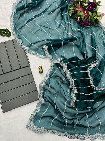 Deep Teal Designer Burberry Silk Saree