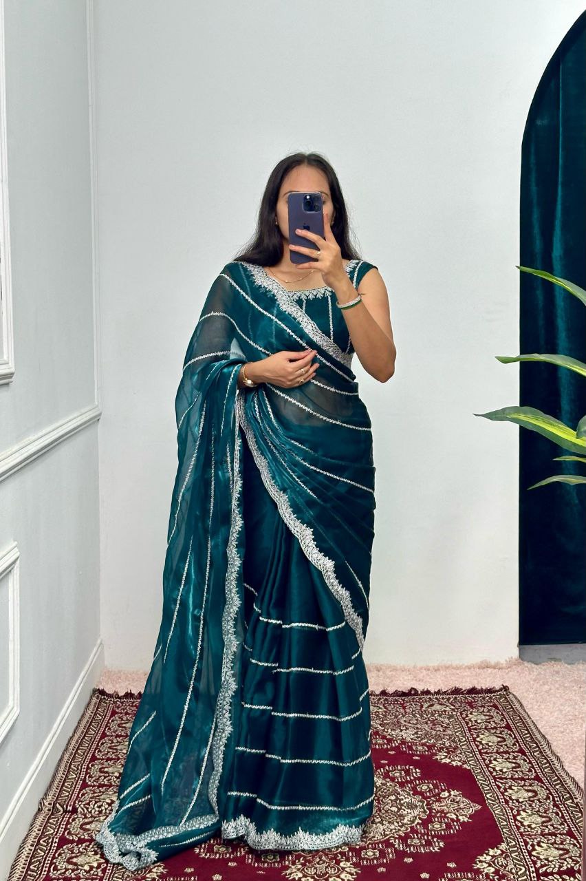 Deep Teal Designer Burberry Silk Saree