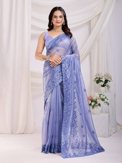 Denim Blue Party Wear Gold Twill Net Saree