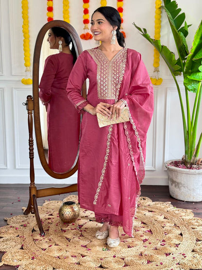 Designer Chanderi Silk Kurta Set With Dupatta