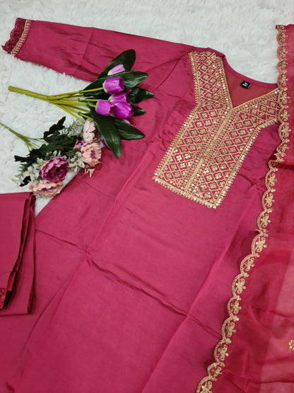 Designer Chanderi Silk Kurta Set With Dupatta