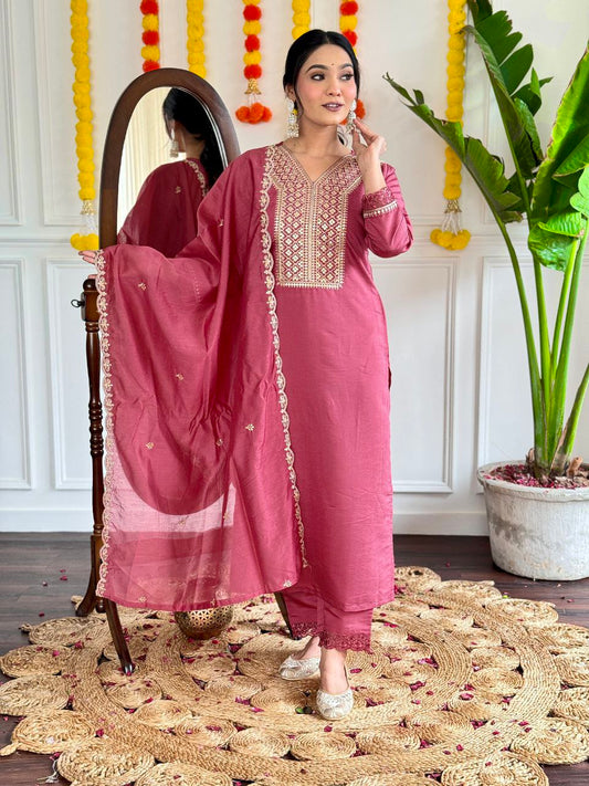 Designer Chanderi Silk Kurta Set With Dupatta
